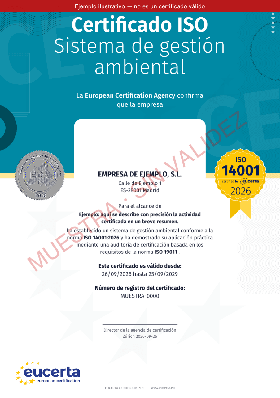 Certificado ISO 14001 de muestra — ejemplo sin validez