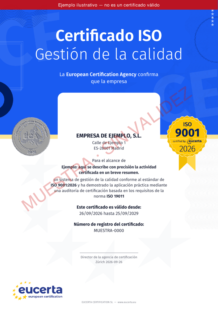Certificado ISO 9001 de muestra — ejemplo sin validez